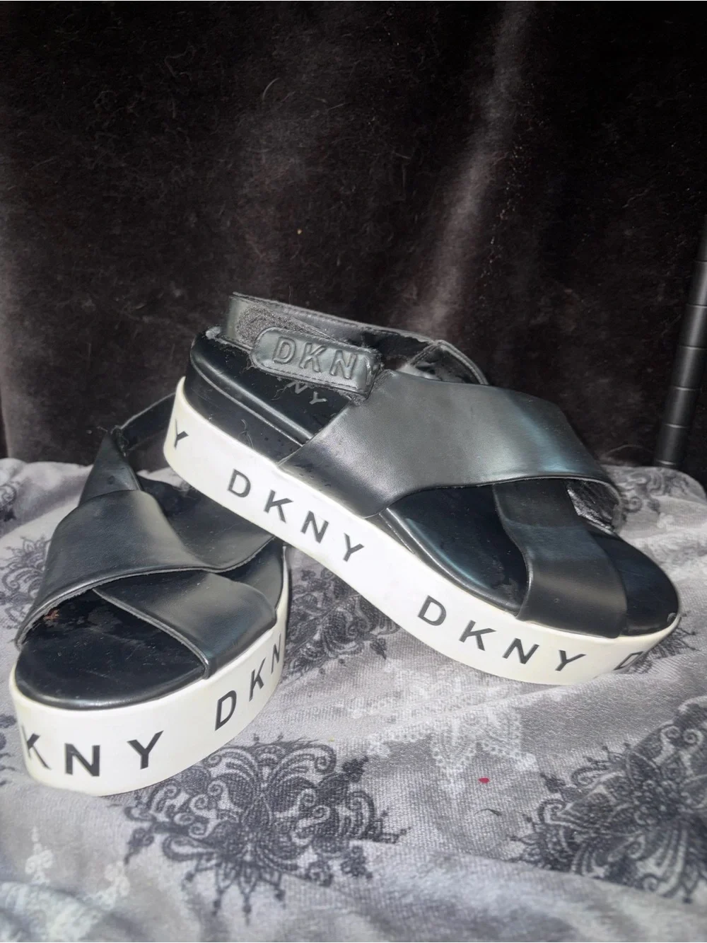 DKNY Black Crisscross Platform Sandals with White Logo Platforms